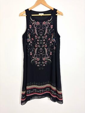 Max Studio Black Mini Dress with Pink & Green Floral Embroidery